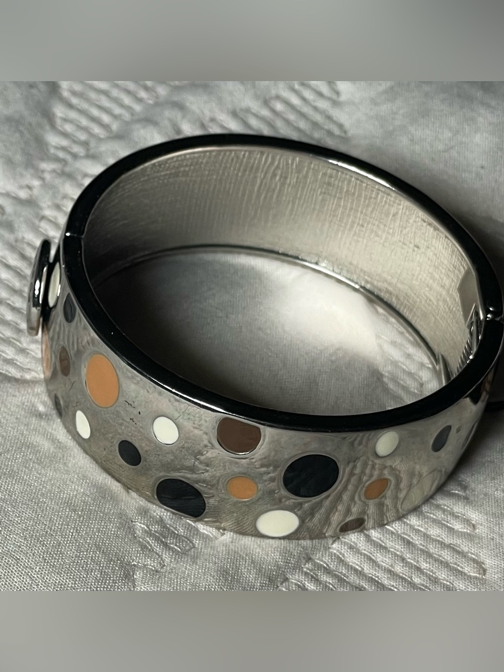 Black Polka Dot Resin Bangle Bracelet with White and Gold Dots - Picture 2 of 3